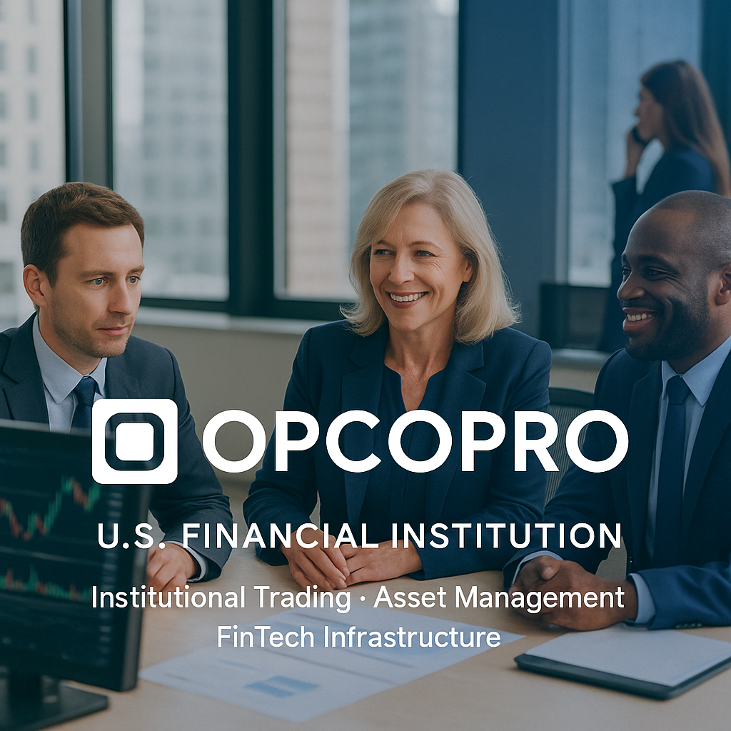 OPCOPRO team meeting in a modern corporate office, featuring diverse financial professionals discussing institutional trading, asset management, and FinTech infrastructure, with the OPCOPRO logo displayed over a city-view background.