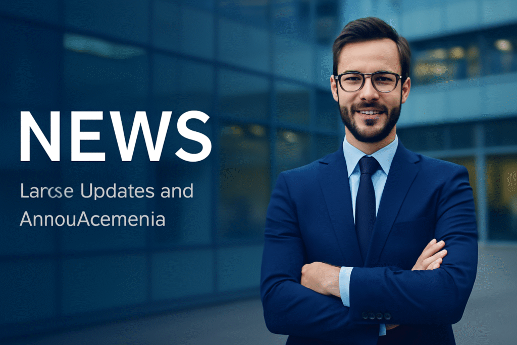 A professional man in a navy suit standing in front of a modern corporate building, with the text “NEWS – Latest Updates and Announcements” displayed on the left.