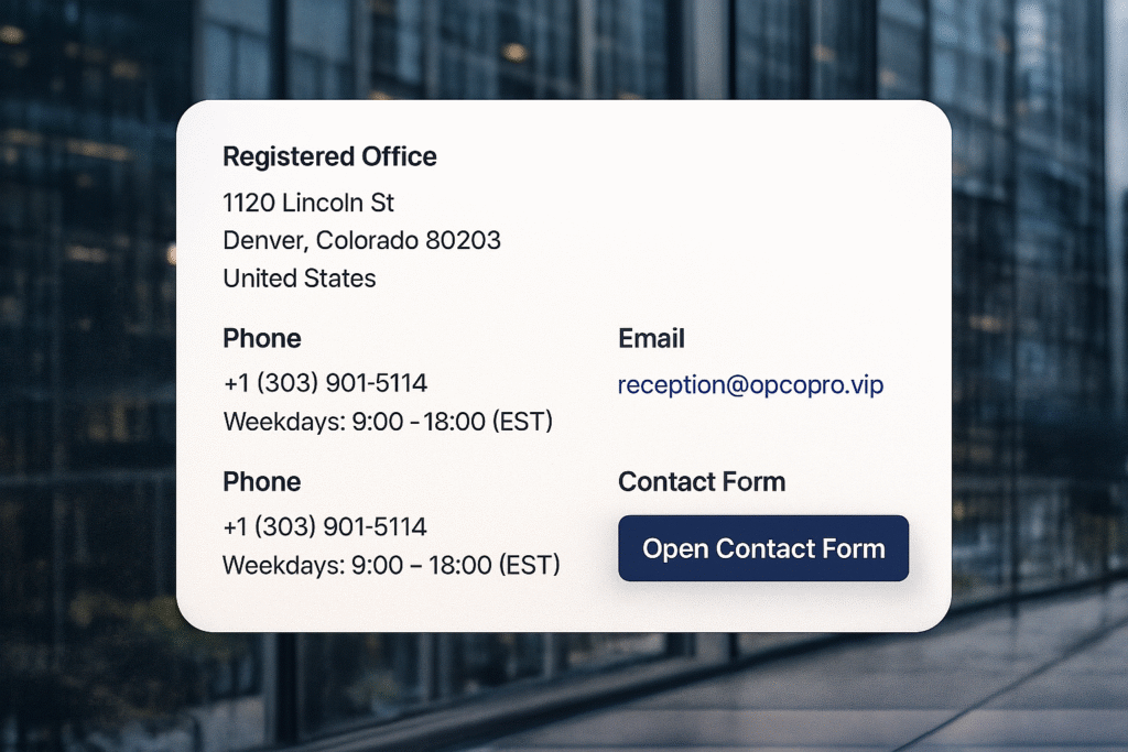 A clean contact information graphic showing OPCOPRO’s registered office address at 1120 Lincoln St, Denver CO, phone number, email address, and a call-to-action button for the contact form, displayed in a modern blue-and-white layout.
