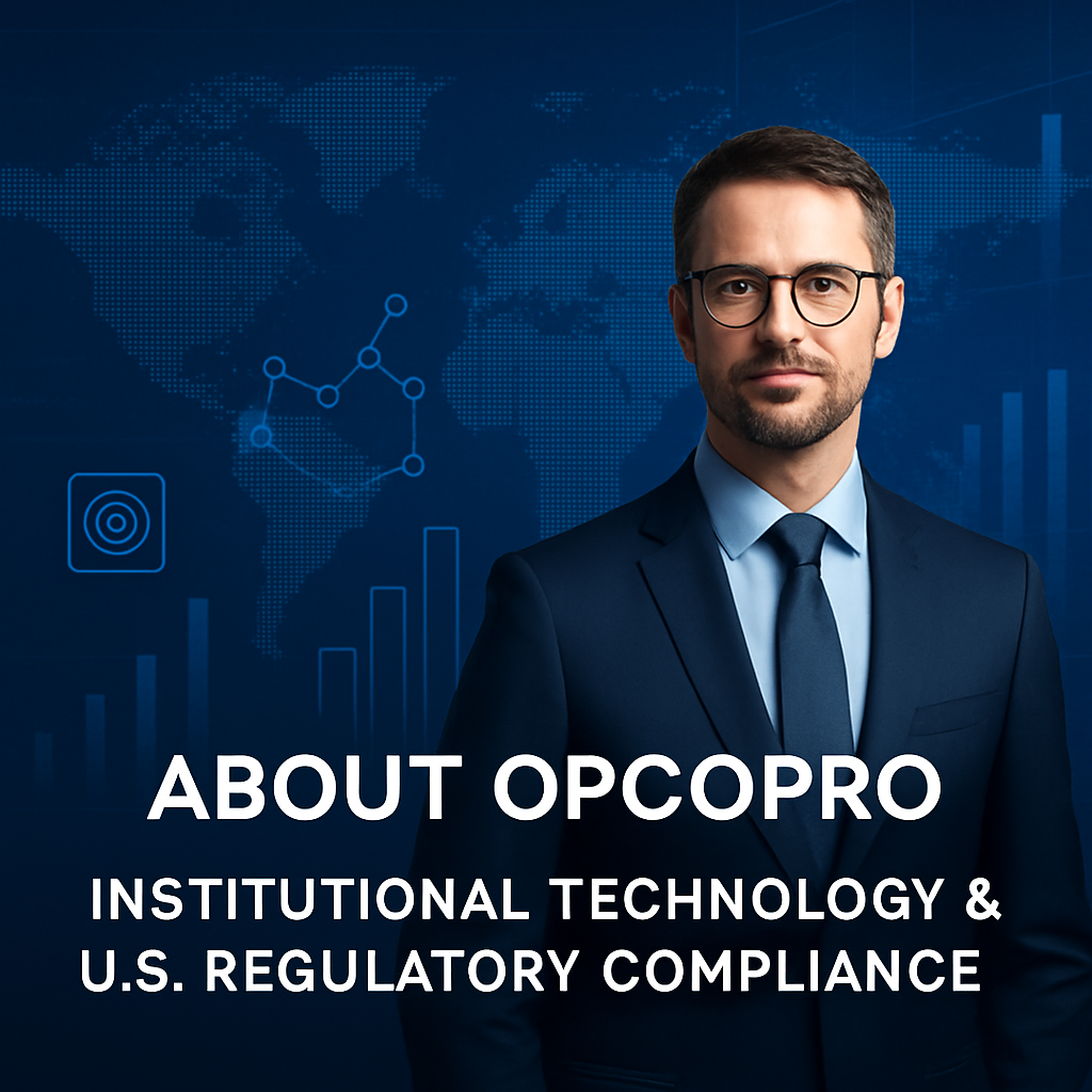 A business professional in a navy suit stands in front of a blue financial-tech background with world map, data charts, and digital network graphics, representing OPCOPRO’s institutional technology and U.S. regulatory compliance.