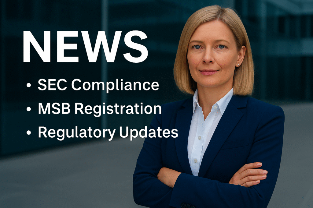 Professional businesswoman standing in front of a modern corporate building with the text “OPCOPRO NEWS – SEC Compliance, MSB Registration, Regulatory Updates” beside her.
