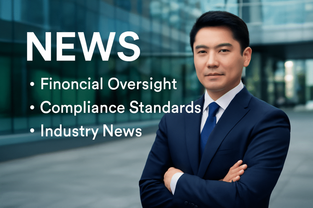 “East Asian financial professional standing in front of a modern corporate building, with NEWS headlines about financial oversight, compliance standards, and industry updates displayed beside him.”
