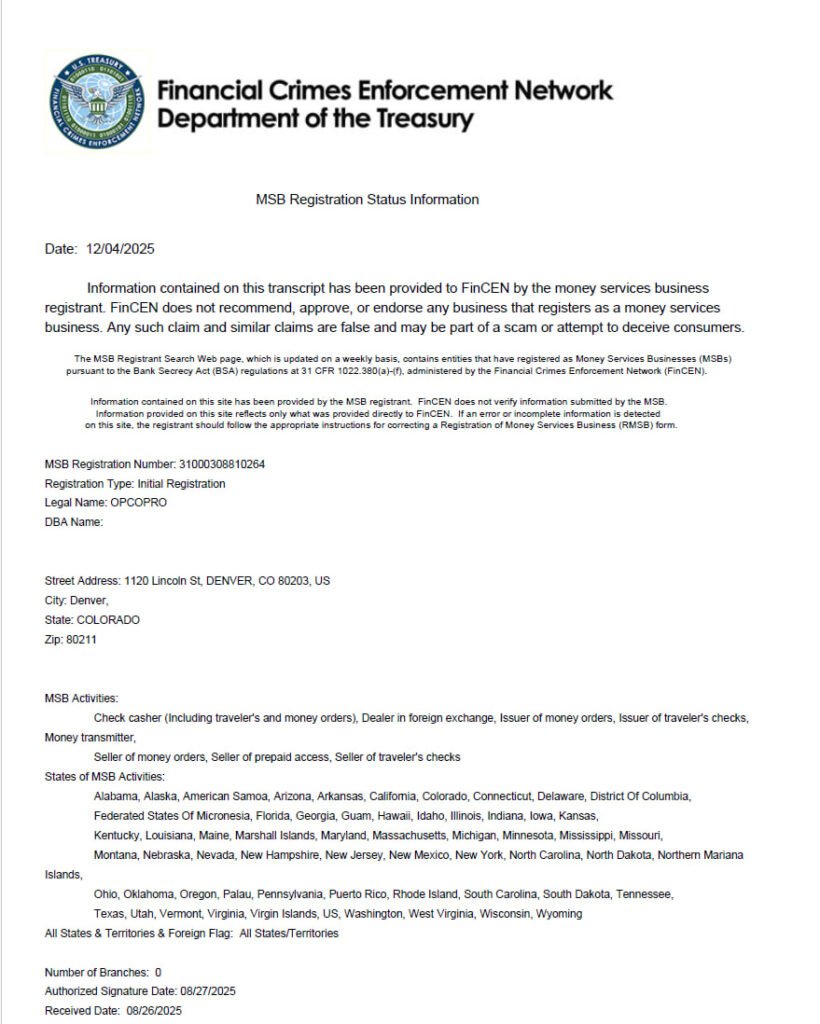 A FinCEN MSB registration document for OPCOPRO showing registration number 31000308810264, Denver address, and listed money-services activities.